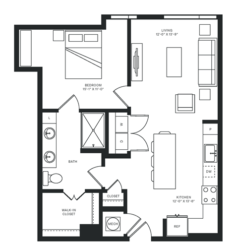 Floor plan for 1 bed, 1 bath, 810 sqft